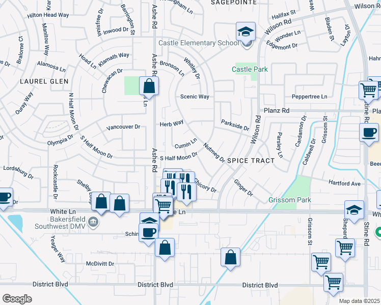 map of restaurants, bars, coffee shops, grocery stores, and more near 3525 South Half Moon Drive in Bakersfield