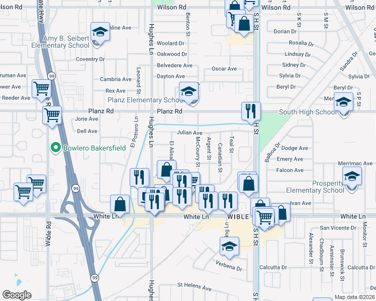 map of restaurants, bars, coffee shops, grocery stores, and more near 3605 McCourry Street in Bakersfield