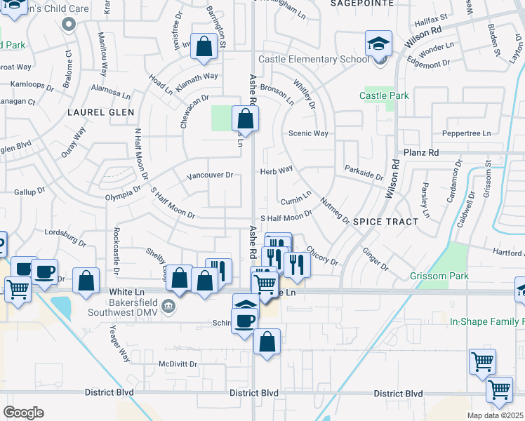 map of restaurants, bars, coffee shops, grocery stores, and more near 3524 Ashe Road in Bakersfield