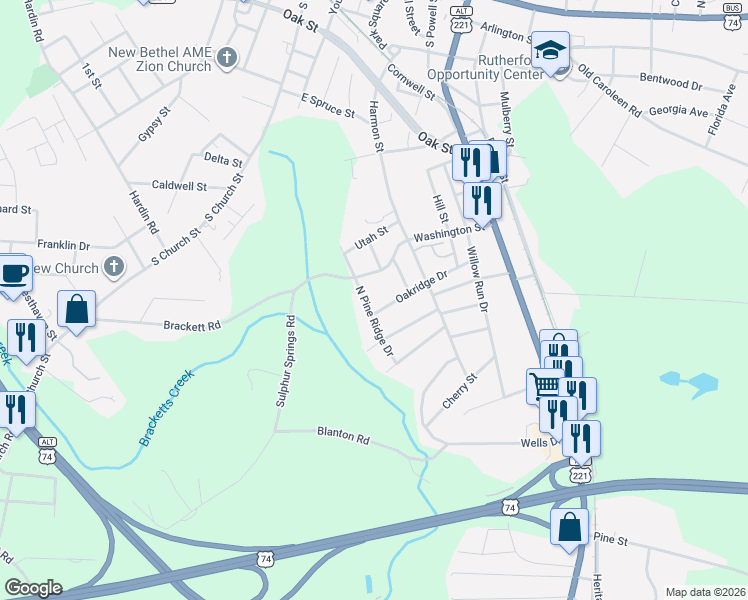 map of restaurants, bars, coffee shops, grocery stores, and more near 220 Oakridge Drive in Forest City