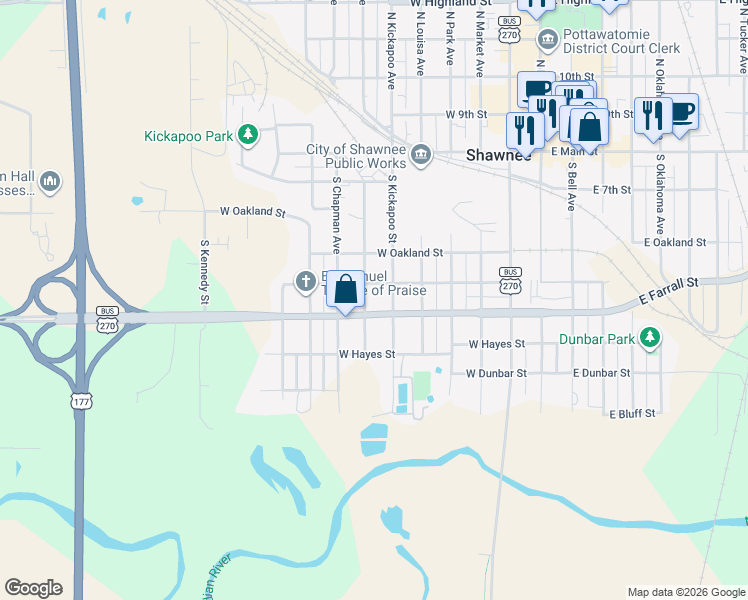 map of restaurants, bars, coffee shops, grocery stores, and more near 522 South Kickapoo Street in Shawnee