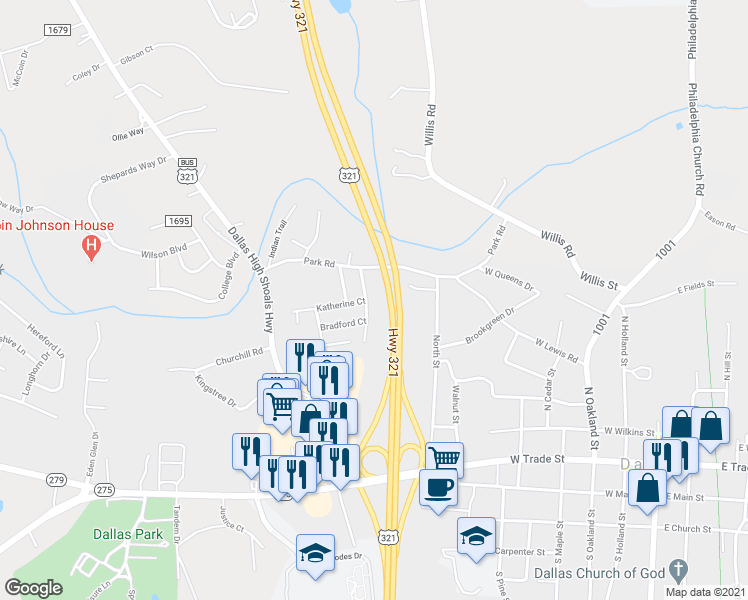 map of restaurants, bars, coffee shops, grocery stores, and more near 5201 Park Place Drive in Dallas