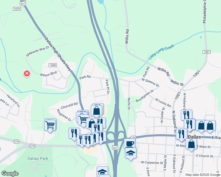 map of restaurants, bars, coffee shops, grocery stores, and more near 5205 Park Place Drive in Dallas
