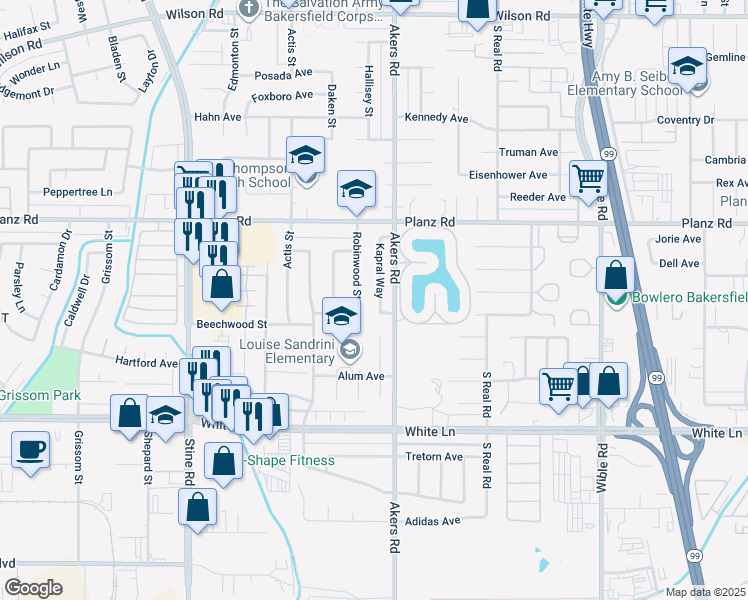 map of restaurants, bars, coffee shops, grocery stores, and more near 3604 Robinwood Street in Bakersfield