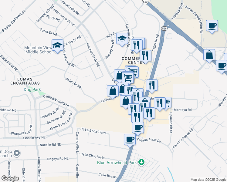 map of restaurants, bars, coffee shops, grocery stores, and more near 7700 Lincoln Avenue Northeast in Rio Rancho