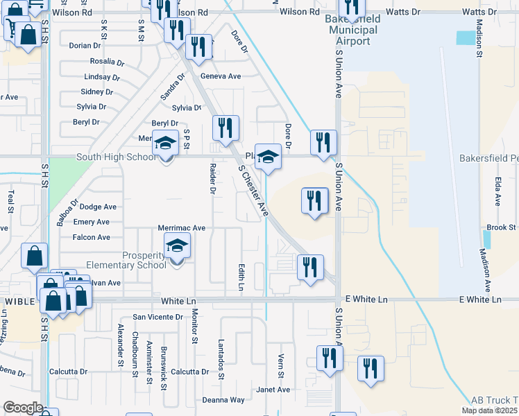 map of restaurants, bars, coffee shops, grocery stores, and more near Chester Village Lane in Bakersfield