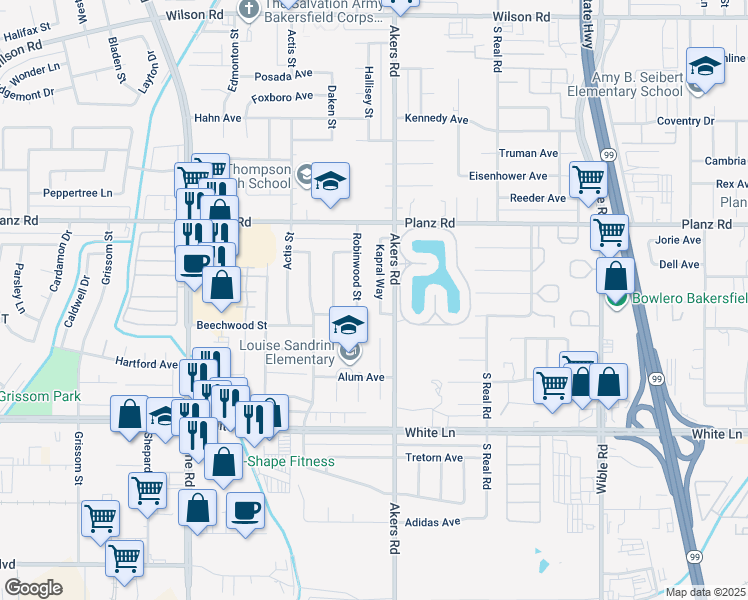 map of restaurants, bars, coffee shops, grocery stores, and more near 3604 Robinwood Street in Bakersfield