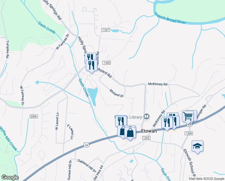 map of restaurants, bars, coffee shops, grocery stores, and more near 24 Moland Drive in Etowah