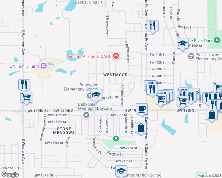 map of restaurants, bars, coffee shops, grocery stores, and more near 14700 South Harvey Avenue in Oklahoma City