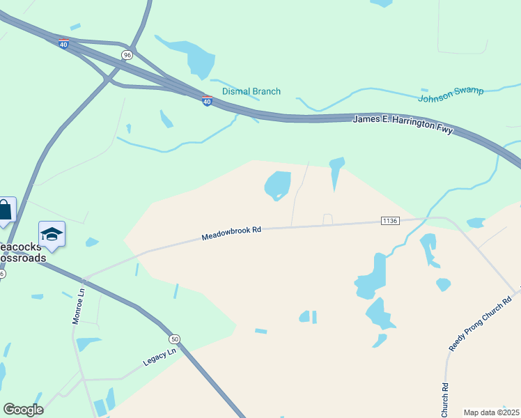 map of restaurants, bars, coffee shops, grocery stores, and more near 7980 Meadowbrook Road in Benson