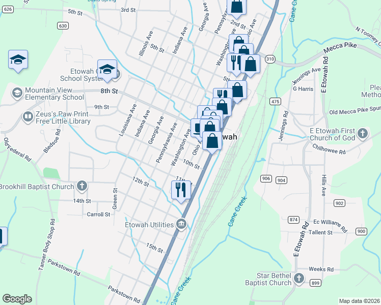 map of restaurants, bars, coffee shops, grocery stores, and more near 926 Ohio Avenue in Etowah