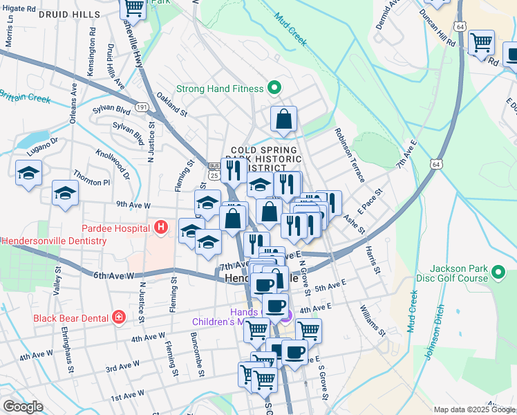 map of restaurants, bars, coffee shops, grocery stores, and more near 834 North Main Street in Hendersonville