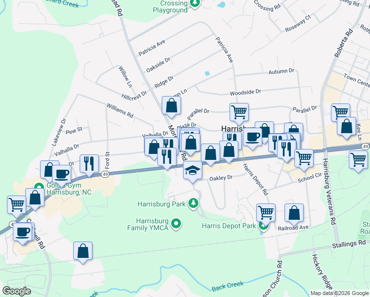 map of restaurants, bars, coffee shops, grocery stores, and more near 5096 North Carolina 49 in Harrisburg