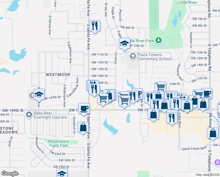 map of restaurants, bars, coffee shops, grocery stores, and more near 915 Southwest 16th Street in Moore