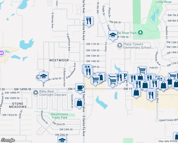 map of restaurants, bars, coffee shops, grocery stores, and more near 1000 Southwest 16th Street in Moore