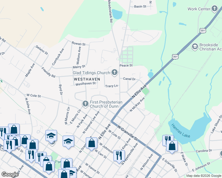 map of restaurants, bars, coffee shops, grocery stores, and more near 104 Dogwood Knoll Road in Dunn