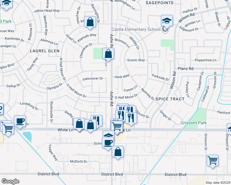 map of restaurants, bars, coffee shops, grocery stores, and more near 3516 Ashe Road in Bakersfield