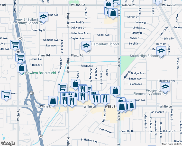 map of restaurants, bars, coffee shops, grocery stores, and more near 3605 McCourry Street in Bakersfield