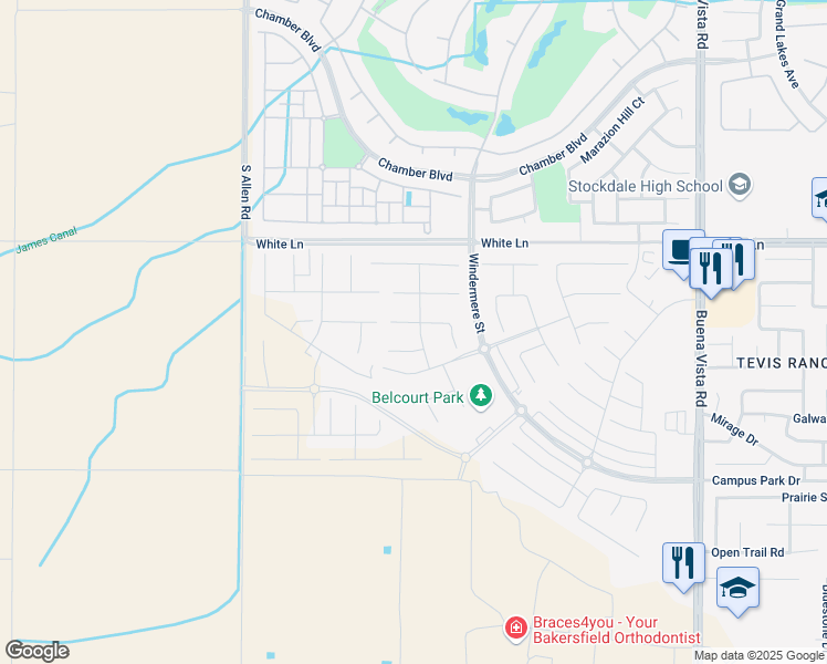 map of restaurants, bars, coffee shops, grocery stores, and more near 12218 Champlin Place in Bakersfield