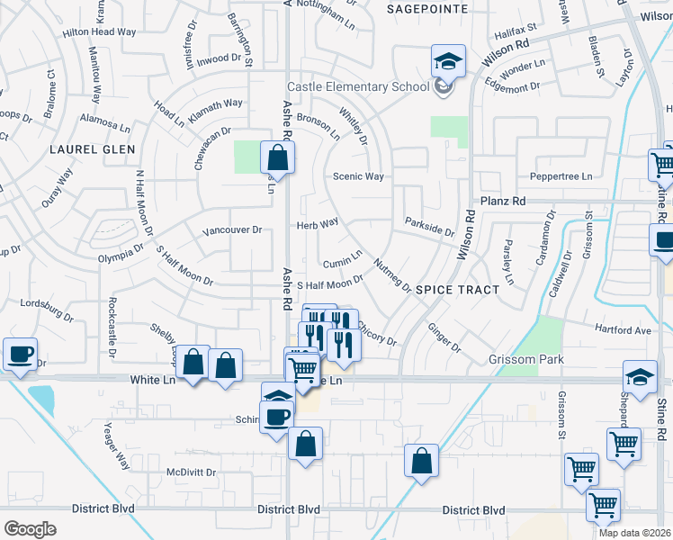 map of restaurants, bars, coffee shops, grocery stores, and more near 6101 Cumin Lane in Bakersfield