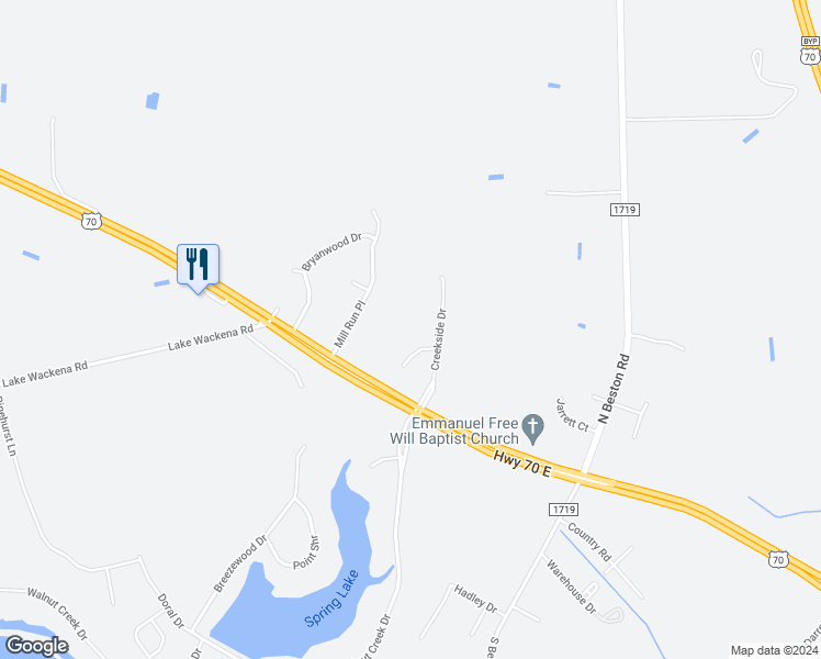map of restaurants, bars, coffee shops, grocery stores, and more near 103 Steeplechase Cove in Goldsboro