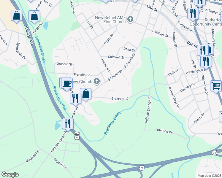map of restaurants, bars, coffee shops, grocery stores, and more near 168 Crescent Drive in Forest City