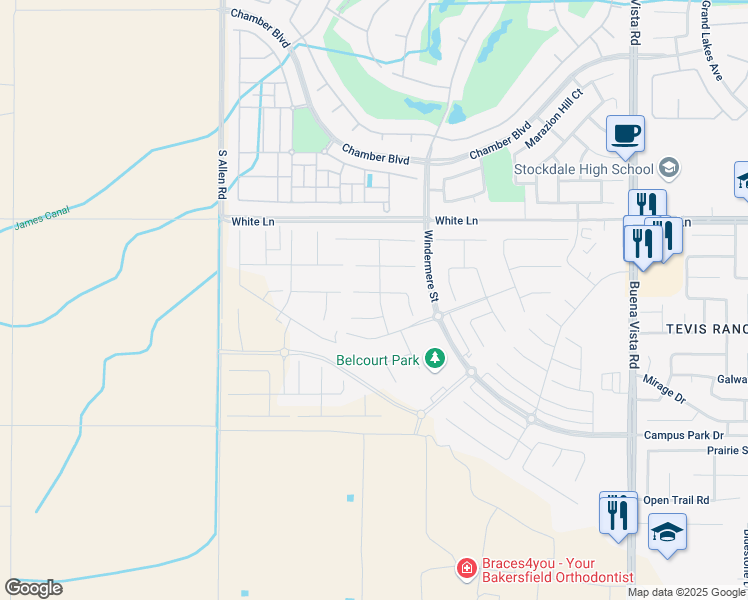 map of restaurants, bars, coffee shops, grocery stores, and more near 12218 Champlin Place in Bakersfield