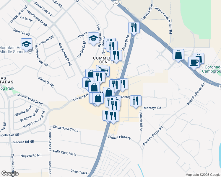 map of restaurants, bars, coffee shops, grocery stores, and more near 7850 Enchanted Hills Boulevard Northeast in Rio Rancho