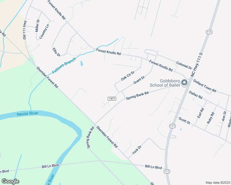 map of restaurants, bars, coffee shops, grocery stores, and more near 256 Grant Drive in Goldsboro