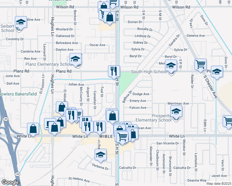 map of restaurants, bars, coffee shops, grocery stores, and more near 3535 South H Street in Bakersfield
