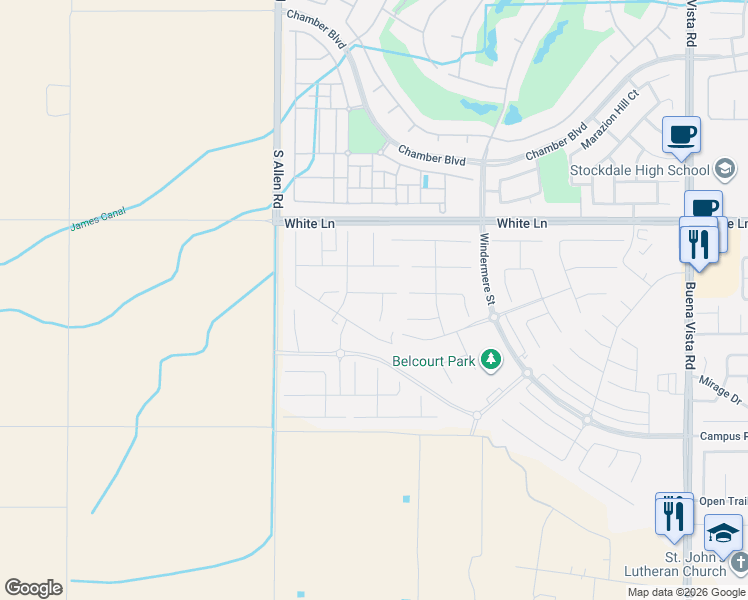 map of restaurants, bars, coffee shops, grocery stores, and more near 12200-12898 White Lane in Bakersfield