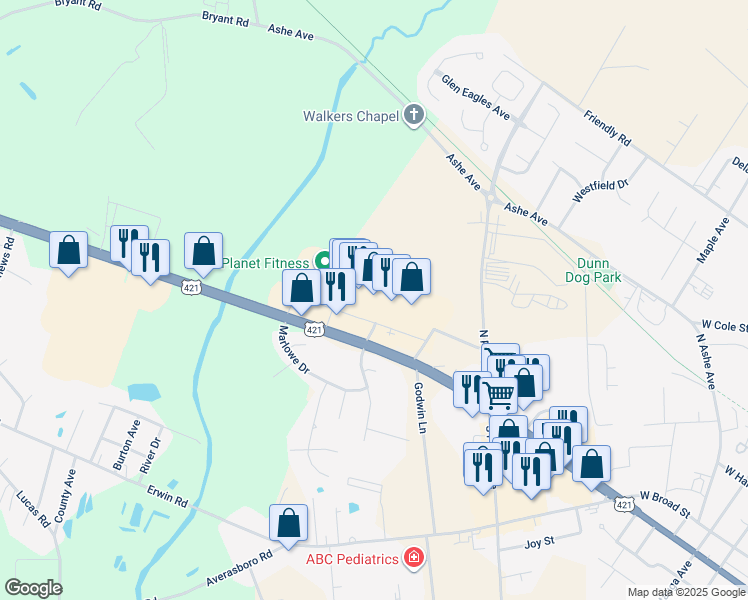 map of restaurants, bars, coffee shops, grocery stores, and more near 2202 West Cumberland Street in Dunn