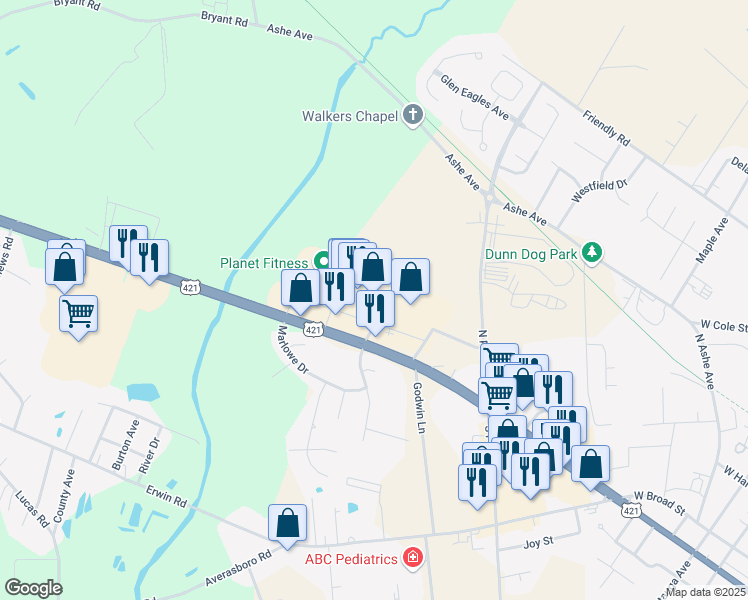 map of restaurants, bars, coffee shops, grocery stores, and more near 2202 West Cumberland Street in Dunn