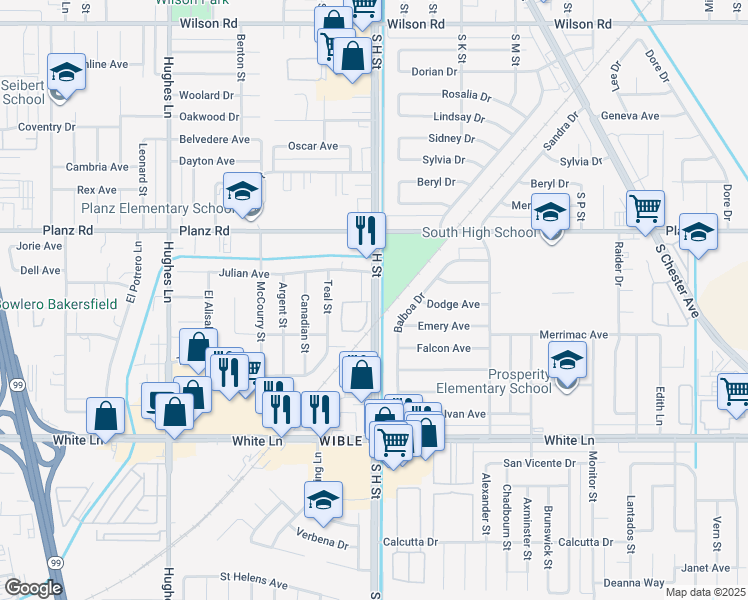 map of restaurants, bars, coffee shops, grocery stores, and more near 3535 South H Street in Bakersfield