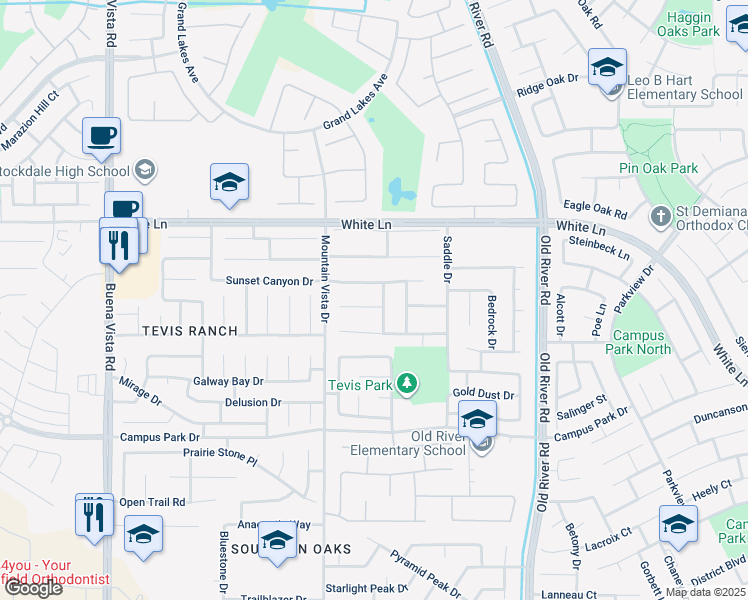 map of restaurants, bars, coffee shops, grocery stores, and more near 10301 Walnut Creek Court in Bakersfield