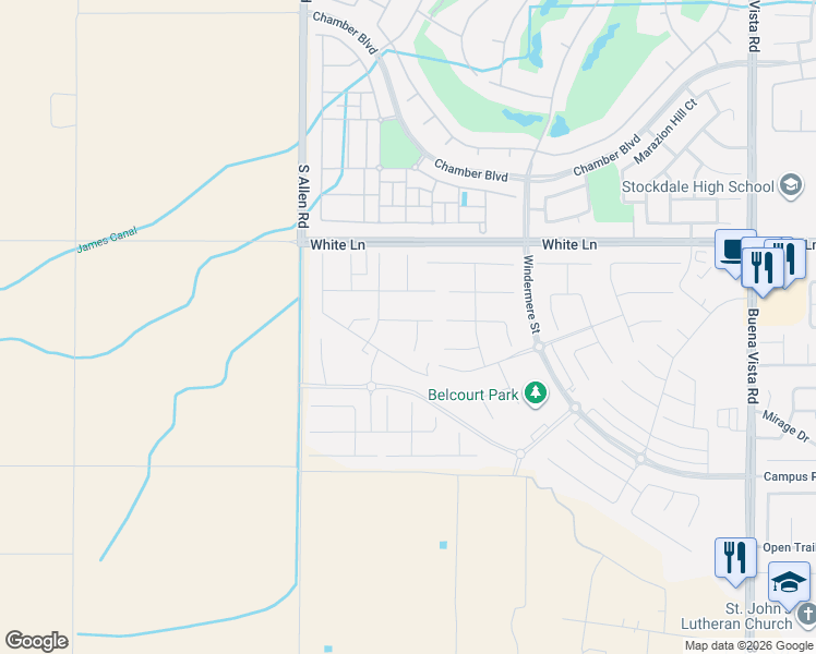 map of restaurants, bars, coffee shops, grocery stores, and more near 12200-12898 White Lane in Bakersfield
