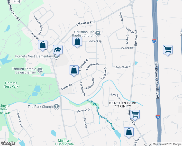 map of restaurants, bars, coffee shops, grocery stores, and more near 9316 Trinity Road in Charlotte