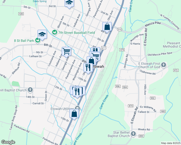 map of restaurants, bars, coffee shops, grocery stores, and more near 906 Tennessee Avenue in Etowah