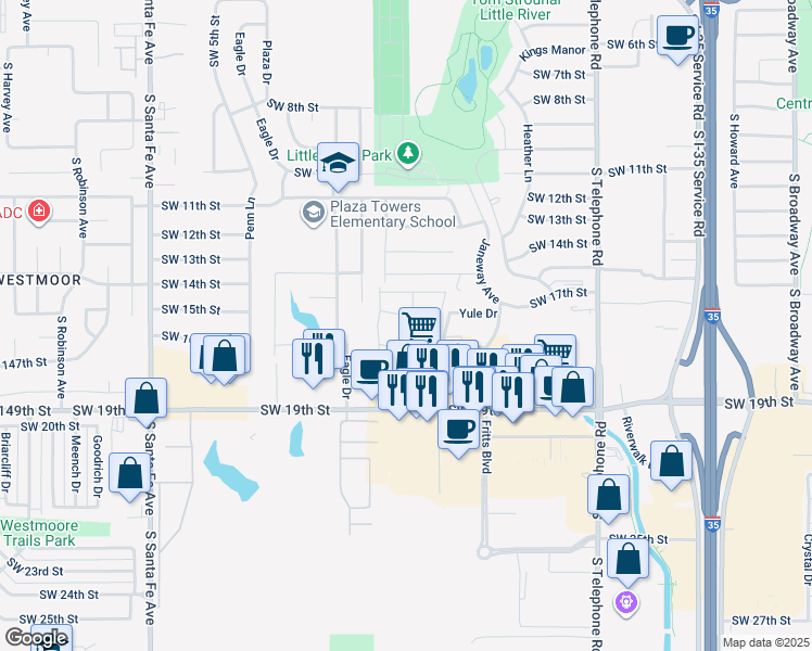 map of restaurants, bars, coffee shops, grocery stores, and more near 826-998 SW 17th St in Moore