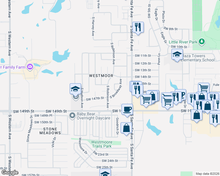 map of restaurants, bars, coffee shops, grocery stores, and more near 14705 South Broadway Avenue in Oklahoma City