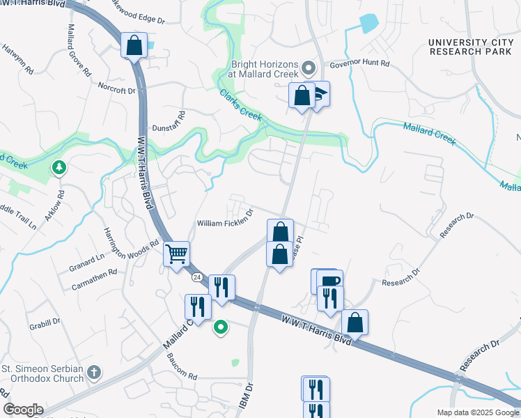 map of restaurants, bars, coffee shops, grocery stores, and more near 8672-8768 William Ficklen Drive in Charlotte