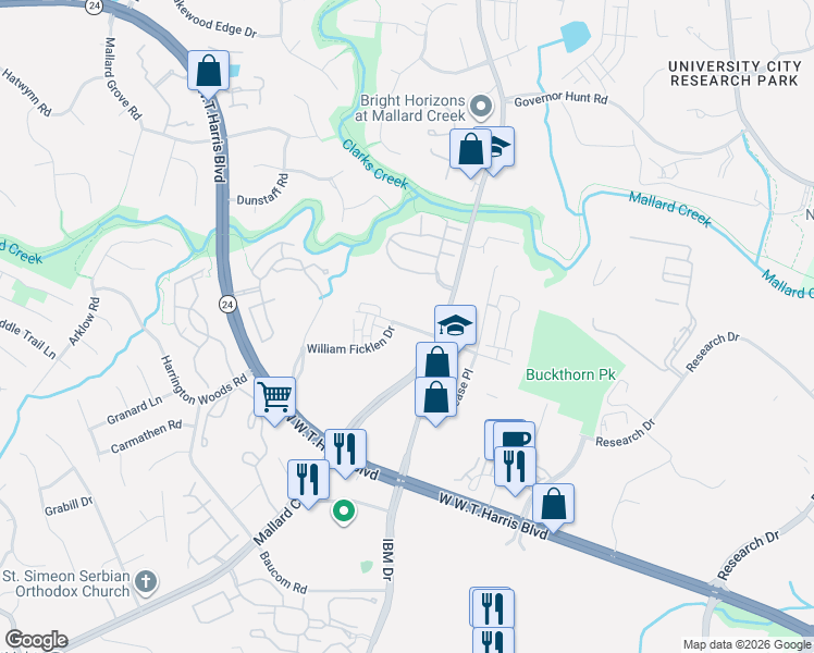 map of restaurants, bars, coffee shops, grocery stores, and more near 8672-8768 William Ficklen Drive in Charlotte