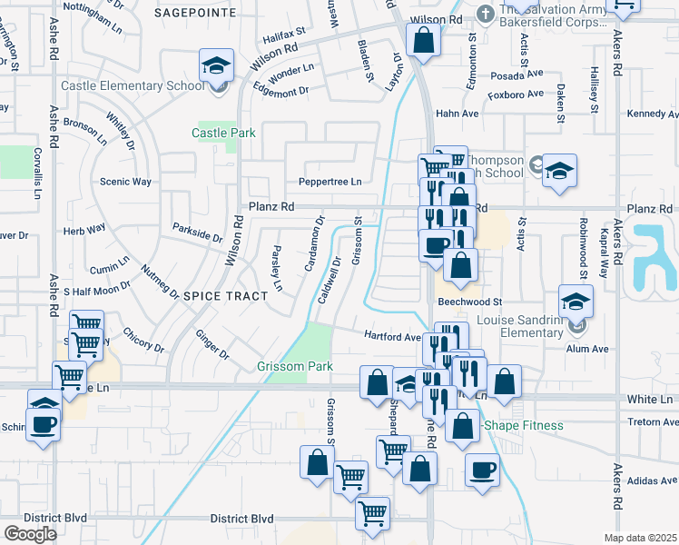 map of restaurants, bars, coffee shops, grocery stores, and more near 3601 Grissom Street in Bakersfield