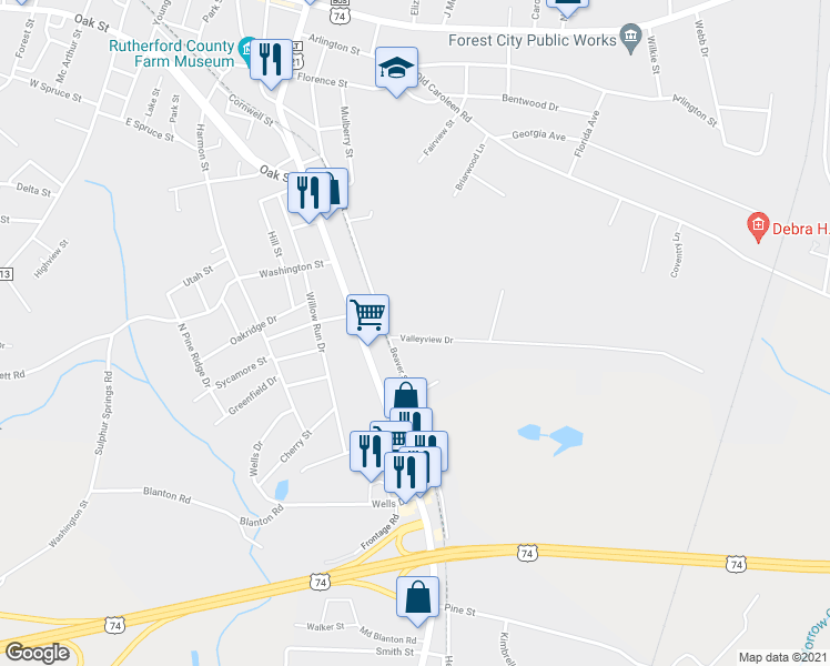 map of restaurants, bars, coffee shops, grocery stores, and more near 131 Valleyview Drive in Forest City