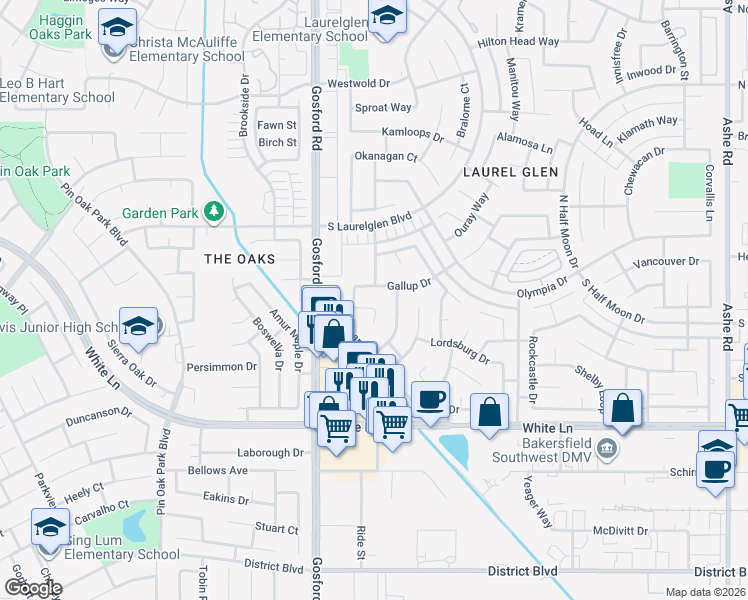 map of restaurants, bars, coffee shops, grocery stores, and more near 7808 Animas Court in Bakersfield