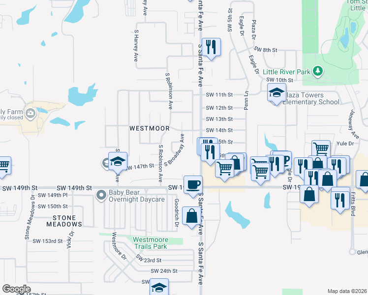 map of restaurants, bars, coffee shops, grocery stores, and more near 14528 South Broadway Avenue in Oklahoma City
