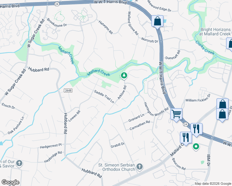 map of restaurants, bars, coffee shops, grocery stores, and more near 7641 Saddle Trail Lane in Charlotte