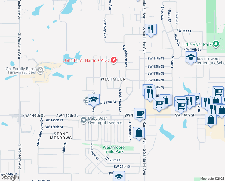 map of restaurants, bars, coffee shops, grocery stores, and more near 212 Southwest 146th Street in Oklahoma City