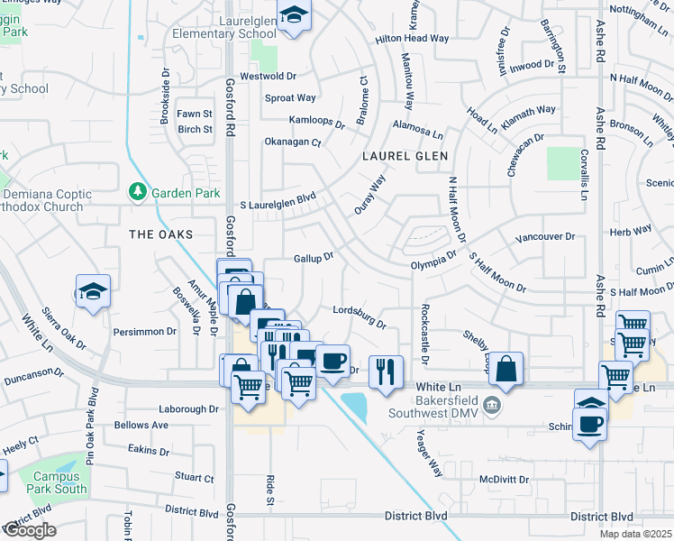 map of restaurants, bars, coffee shops, grocery stores, and more near 3505 Huachuca Way in Bakersfield