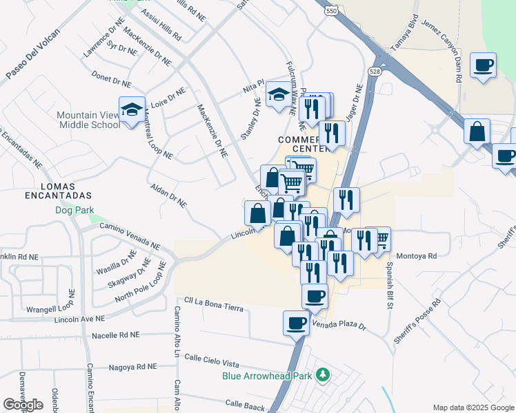 map of restaurants, bars, coffee shops, grocery stores, and more near 7700 Lincoln Avenue Northeast in Rio Rancho
